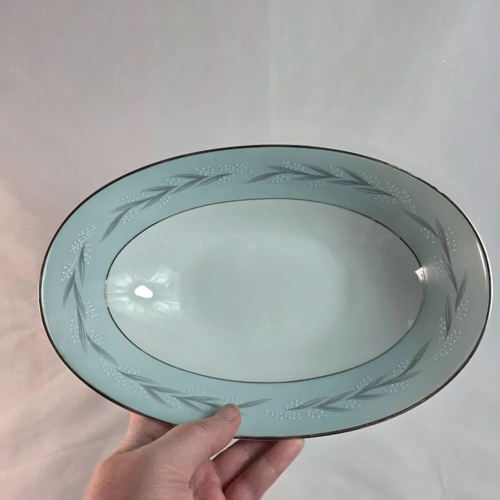 Noritake Sheldon Serving Bowl 10 Inch White with Aqua Band and White Flowers